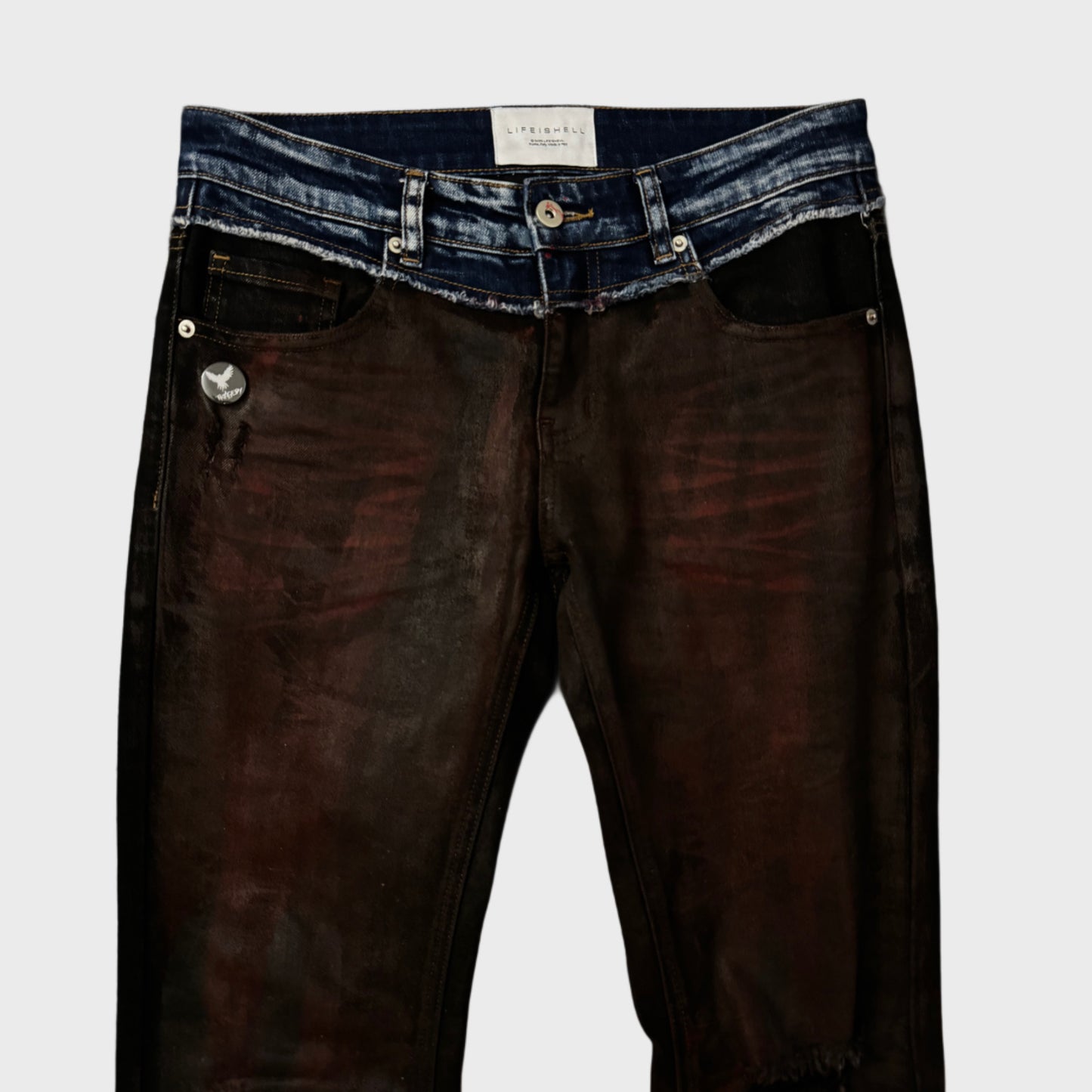 “REVIVAL” BORDEAUX RED WAX BOOTCUT DENIM