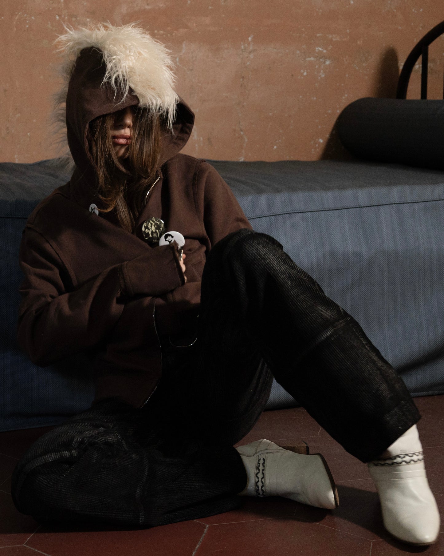 CRUST MOHAWK FUR ZIP HOODIE BROWN