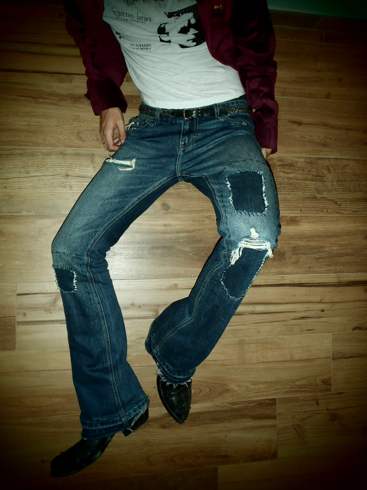 TEXAS DEEP BLUE REPAIRED BOOTCUT JEANS