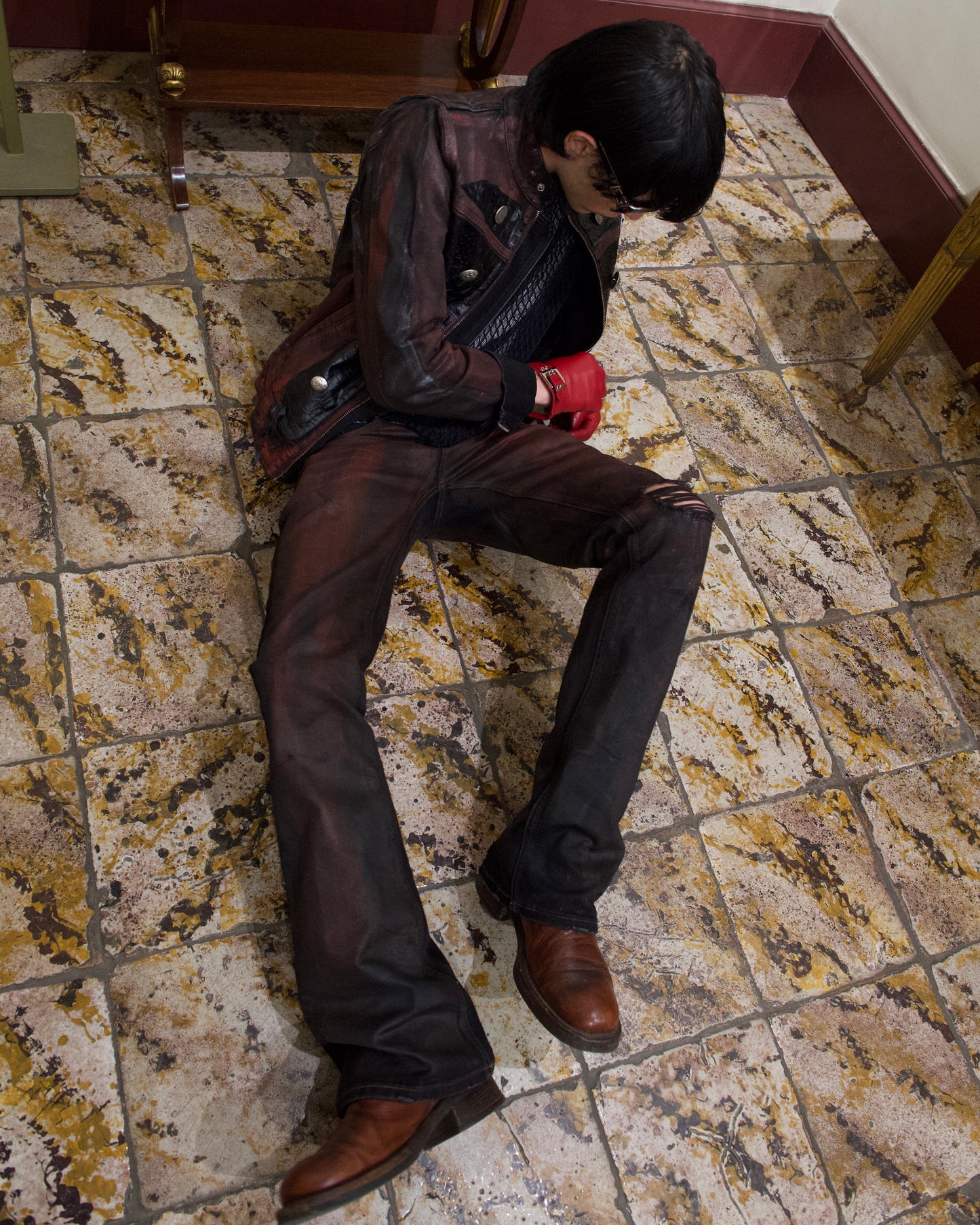 “REVIVAL” BORDEAUX RED WAX BOOTCUT DENIM