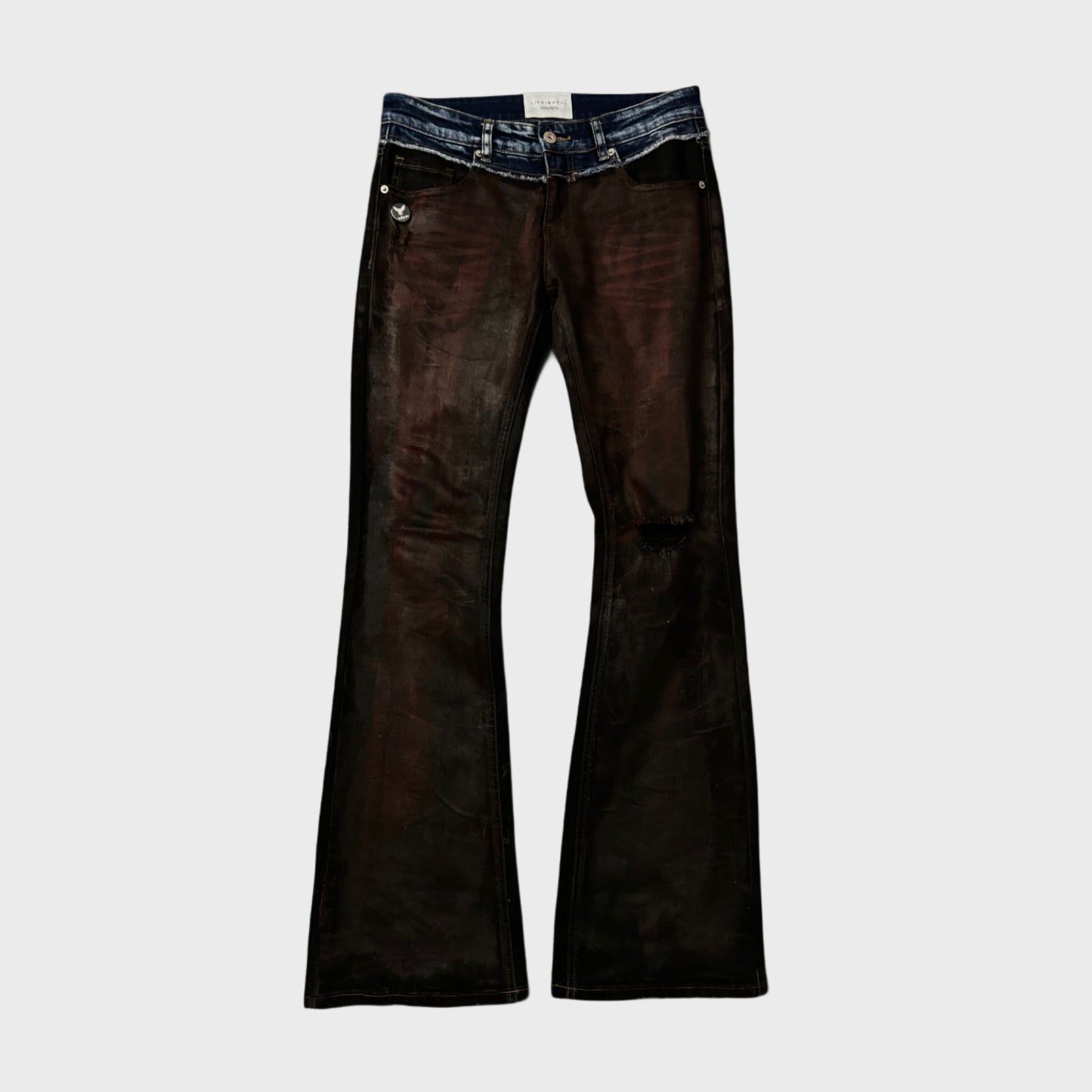 “REVIVAL” BORDEAUX RED WAX BOOTCUT DENIM