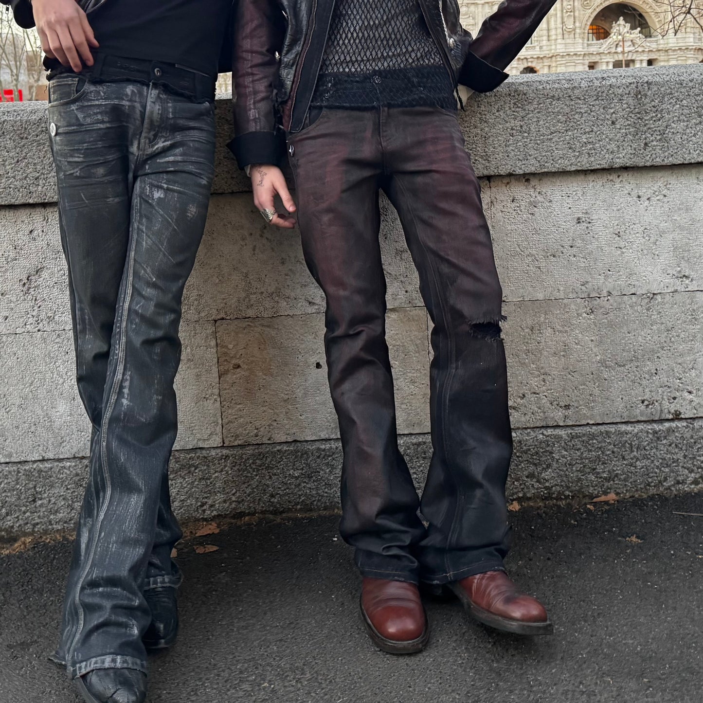 “REVIVAL” BORDEAUX RED WAX BOOTCUT DENIM